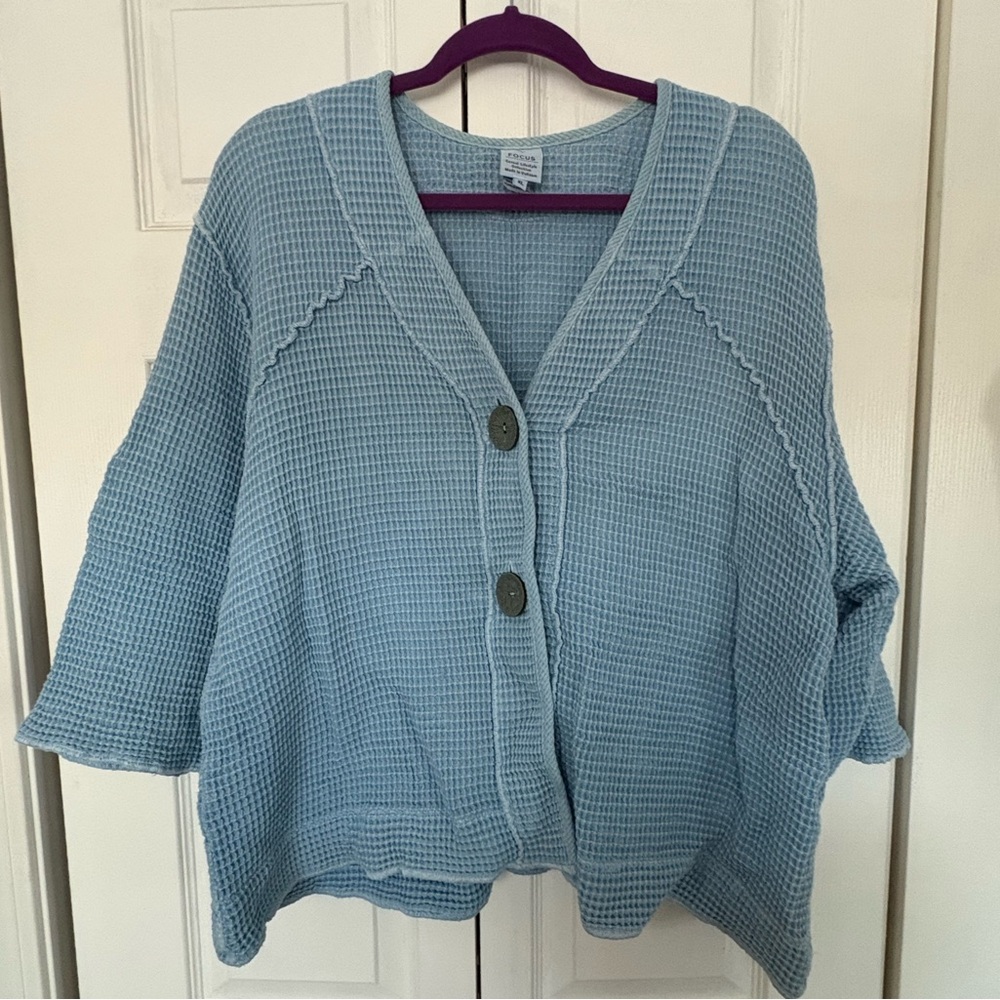 Focus Vintage Cozy Blue Waffle Knit Cardigan